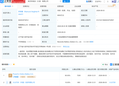 大众汽车在大连投资成立电池新公司