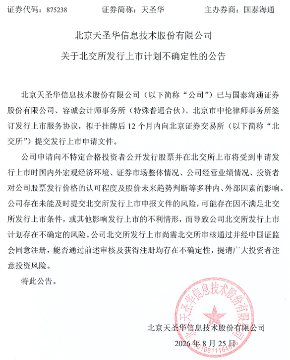 天圣华8月26日挂牌新三板 同步启动北交所上市筹备