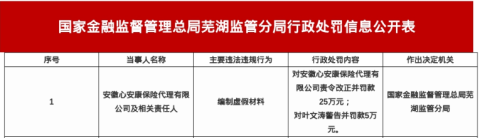 心安康保险代理被罚25万，涉编制虚假材料
