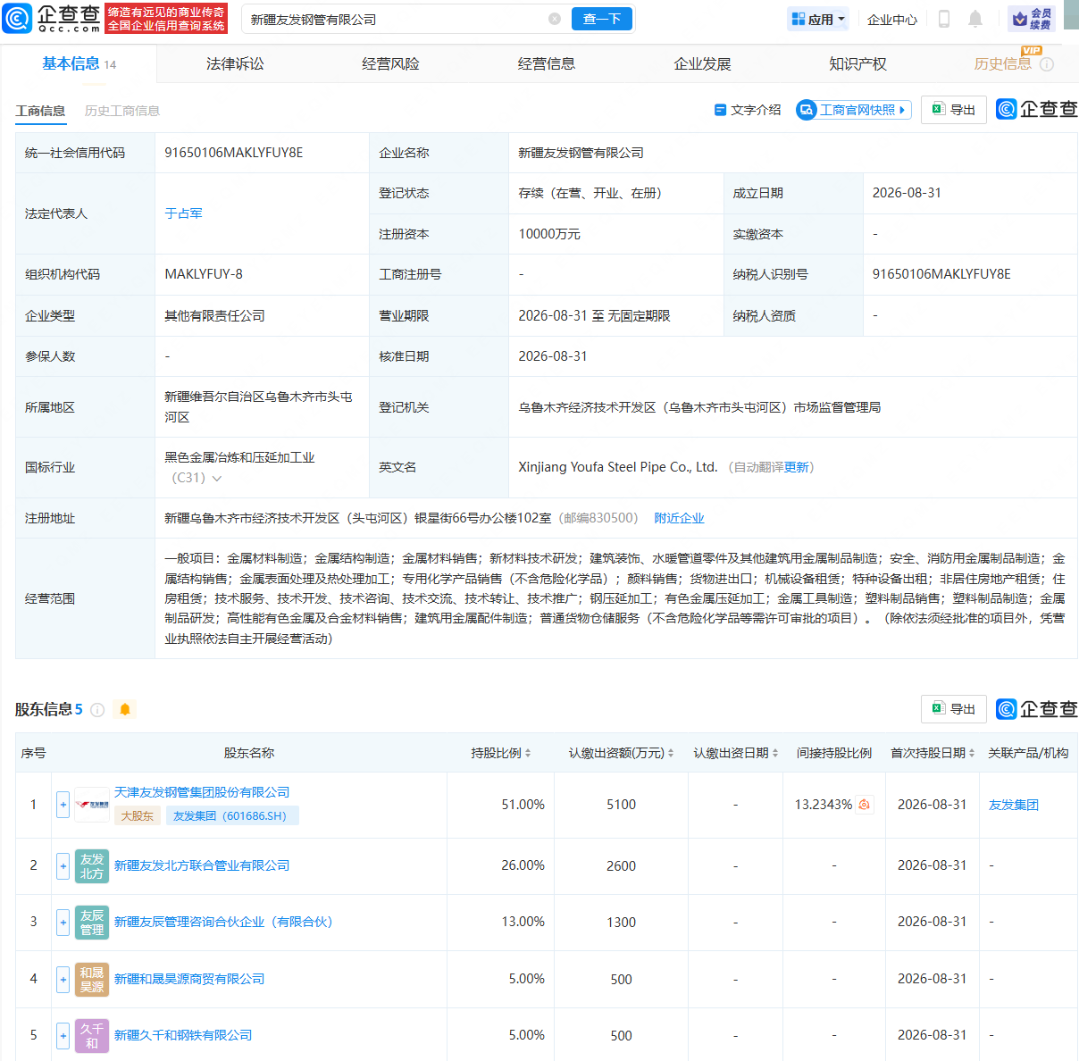 友发集团等在新疆成立钢管公司,含金属材料制造业务