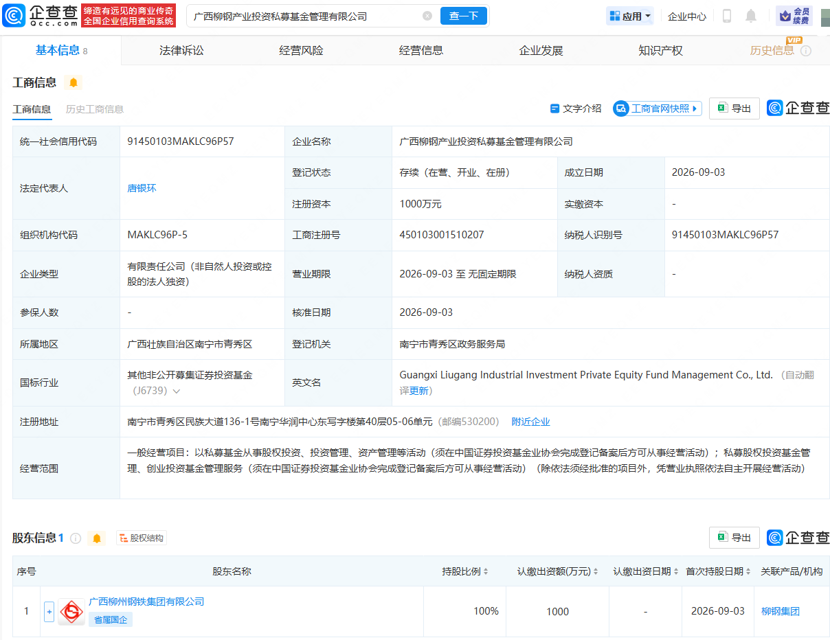 柳钢集团成立产业投资私募基金管理公司