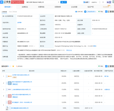 新石器、黄石国资等成立智行路安技术公司