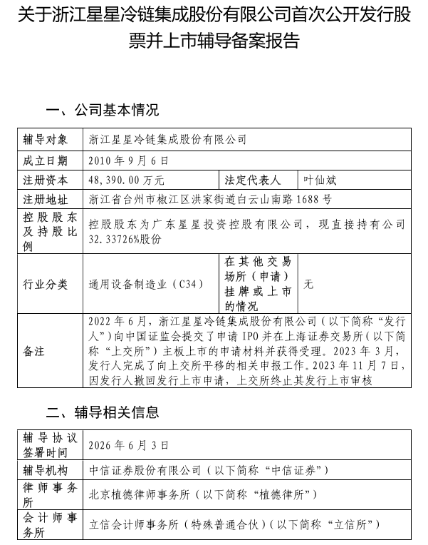 IPO | 星星冷链IPO完成辅导备案 中信证券担任辅导机构