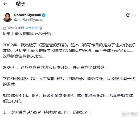 《富爸爸穷爸爸》作者再发“崩盘”警告:AI、战争、债务加剧了担忧