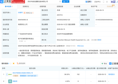 联域股份等成立健康设备新公司