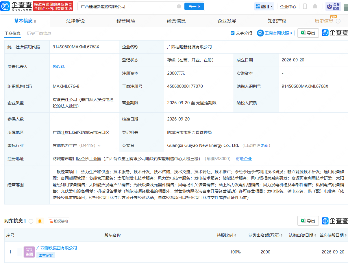 广西钢铁集团成立新能源公司,含风力发电相关业务