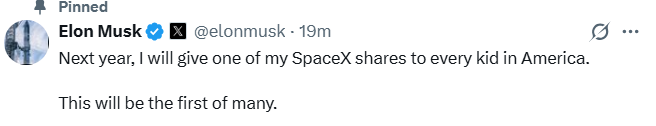 全球首富，明年将向全美儿童赠送SpaceX股票