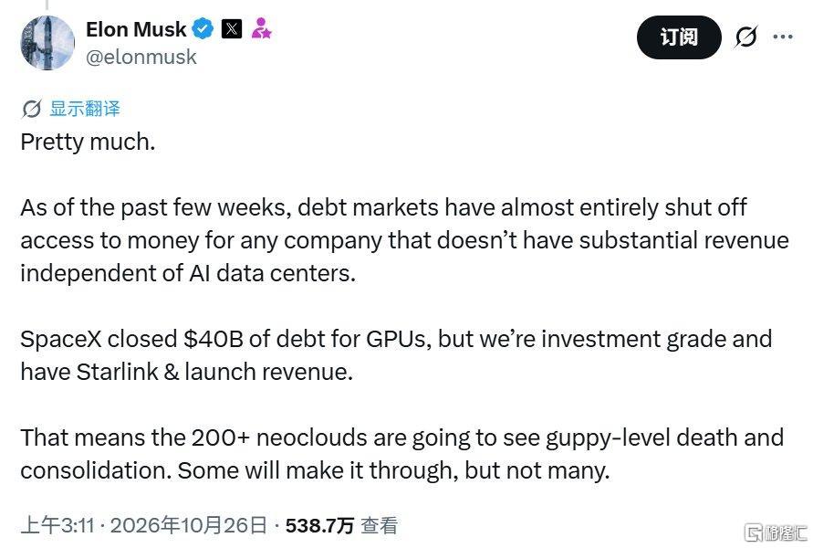 举债400亿买GPU！马斯克警告：新云厂商将迎倒闭潮