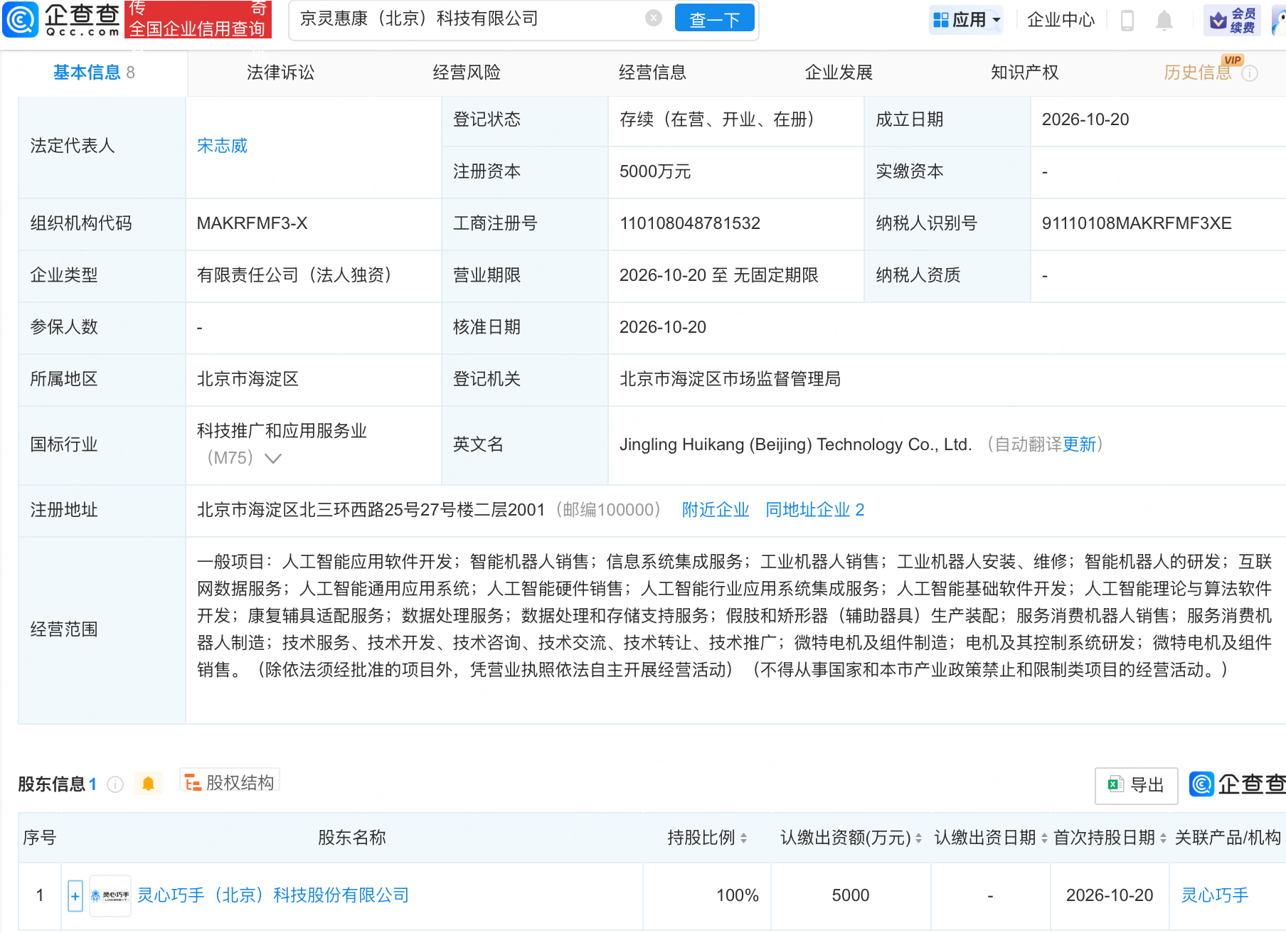 灵心巧手成立科技新公司,含AI及康复辅具相关业务