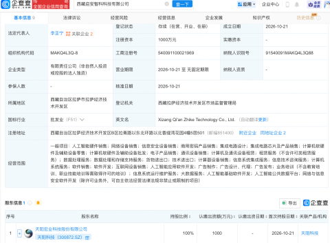 天阳科技在西藏新设科技公司,含AI及集成电路芯片业务
