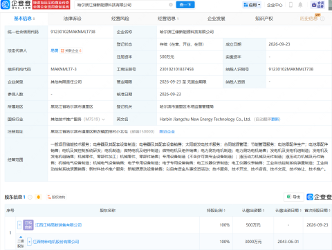 江特电机在哈尔滨成立新能源科技公司
