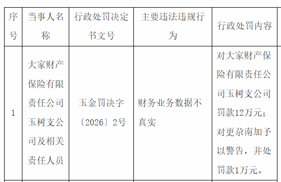 大家财险玉树支公司被罚12万,涉财务业务数据不真实