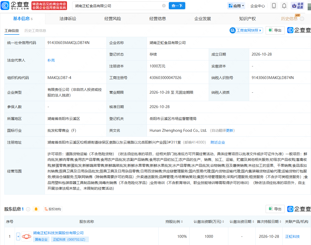 正虹科技投资成立食品公司